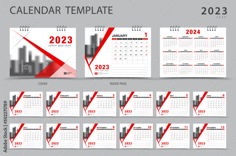 Calendar 2023-2024 template and cover design, Set Desk calendar 2023