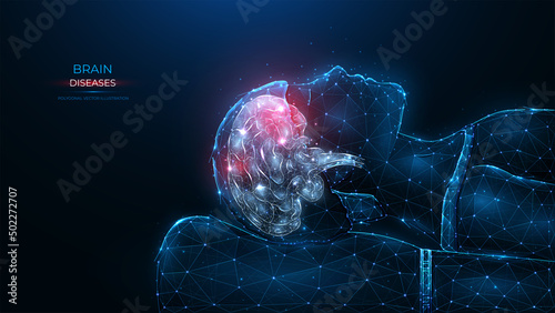 Polygonal vector illustration of human brain disease on a dark blue background. Inflammation of the patient's cerebrum, injury or inflammatory foci of the brain. Neurology template or banner