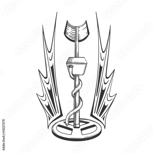 Metal detector logo with wings treasure hunter, heraldic sign, vector for print or design