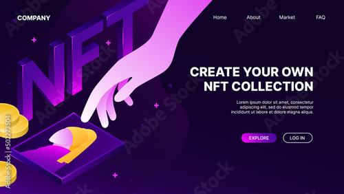 NFT Marketplace Landing Page. Web Design Template. Vector illustration