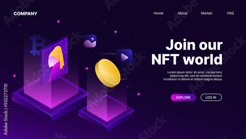 NFT Marketplace Web Page Template. Purple Illustration with Coins and Portrait. Vector illustration
