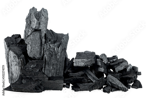 Heap of natural wood charcoal isolated on a white background. Hard wood charcoal.