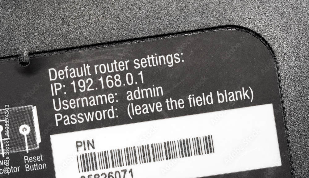 Default router settings, username and password, local ip address, pin,  access point back plate, detail, extreme closeup, nobody, privacy, home  network security Stock Photo | Adobe Stock