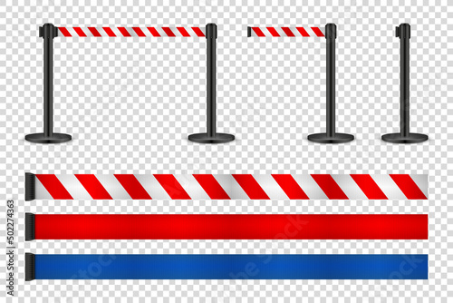 Realistic retractable belt stanchion on transparent background. Crowd control barrier posts with caution strap. Queue lines. Restriction border and danger tape. Vector illustration.