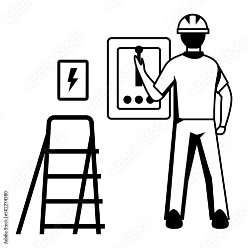 Switching off main electrical switch at distribution board Concept vector icon design, Electrician Profession symbol, Power Supply and wiring Sign, handyman and Repairman tools stock illustration