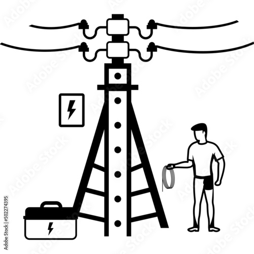  highly dangerous work vector icon design, Electrician Profession symbol, Power Supply and wiring Sign, handyman and Repairman, Technician fixing or repairing broken power line on electric pole Concep