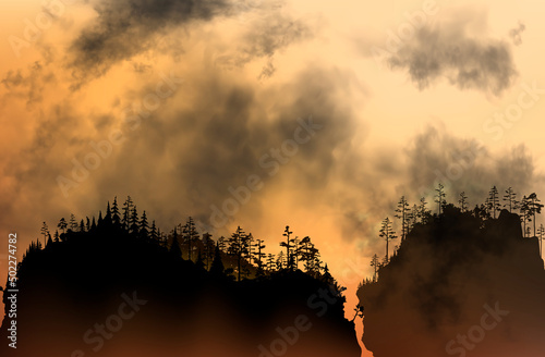 The conflagration in the mountain forest. Fire spread rapidly through the trees. Tons of black realistic smoke above the woods. Vector illustration of major nature disaster