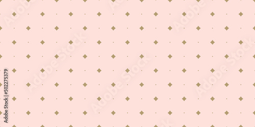 Subtle golden vector seamless pattern with small diamond shapes, stars, rhombuses, dots. Simple wide geometric background. Abstract minimal gold and pink texture. Luxury repeat design for decor, web