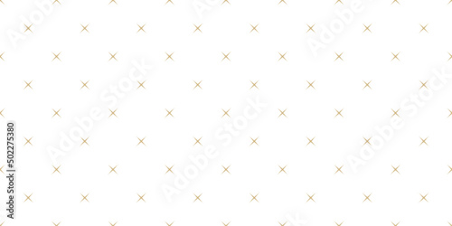 Vector golden minimalist seamless pattern with small crosses, tiny stars. Simple gold and white minimal geometric texture. Abstract luxury background. Repeated wide geo design for decor, wallpaper