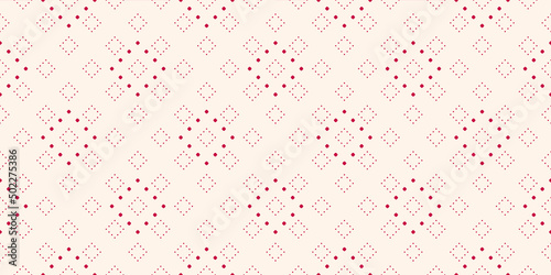 Subtle minimalist dotted seamless pattern, delicate red and white vector texture. Christmas background. Abstract minimal background with tiny dots, circles in square grid. Luxury wide repeat design