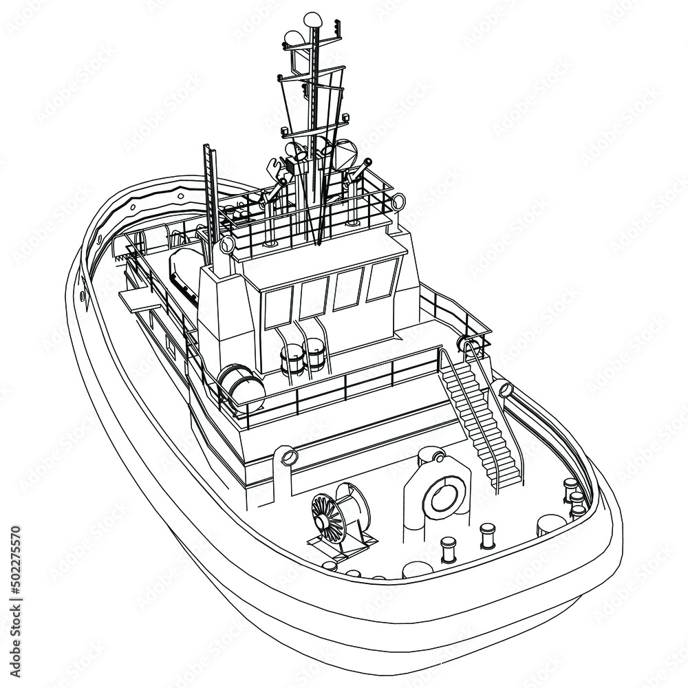 Set of tugboat illustration isolated on white background. Boat icon. Design elements for logo, label, emblem, sign, brand mark. Vector illustration.