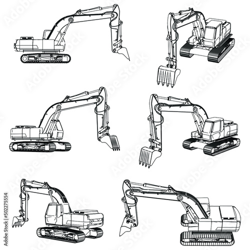 Outline drawing of excavator on white background. Diesel digger blueprint. Hydraulic machinery image. Industrial document. Vector isolated illustration