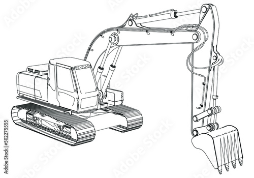 Outline drawing of excavator on white background. Diesel digger blueprint. Hydraulic machinery image. Industrial document. Vector isolated illustration