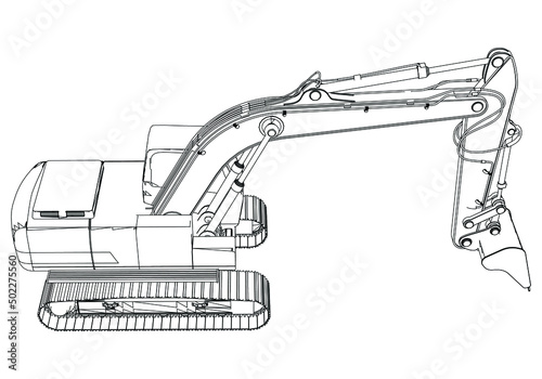 Outline drawing of excavator on white background. Diesel digger blueprint. Hydraulic machinery image. Industrial document. Vector isolated illustration