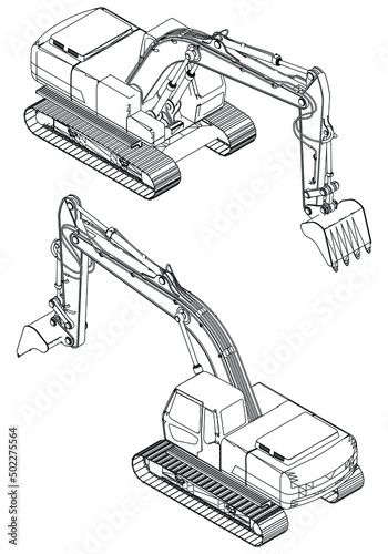 Outline drawing of excavator on white background. Diesel digger blueprint. Hydraulic machinery image. Industrial document. Vector isolated illustration
