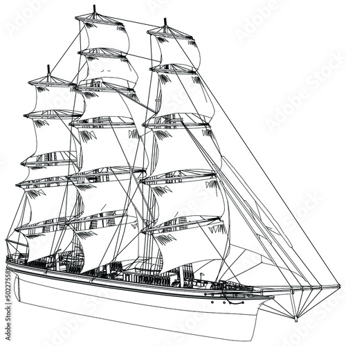 Old Ship vintage silhouette. Pirate boat, Sail Ship illustration in trendy vintage hipster style. Nautical, Marine logo template. Vector illustration