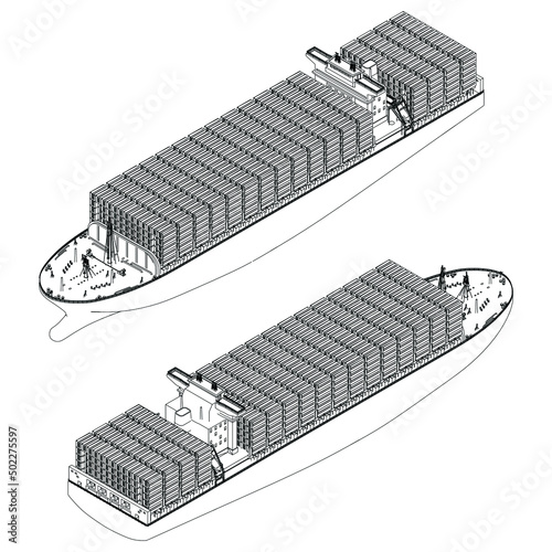 Container ship, cargo ship. World cargo ship. Design elements for logo, label, emblem, sign, brand mark. Vector illustration.