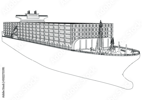 Container ship, cargo ship. World cargo ship. Design elements for logo, label, emblem, sign, brand mark. Vector illustration.