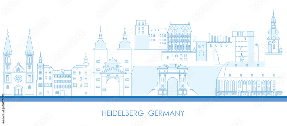 Outline Skyline panorama of city of Heidelberg, Germany - vector illustration
