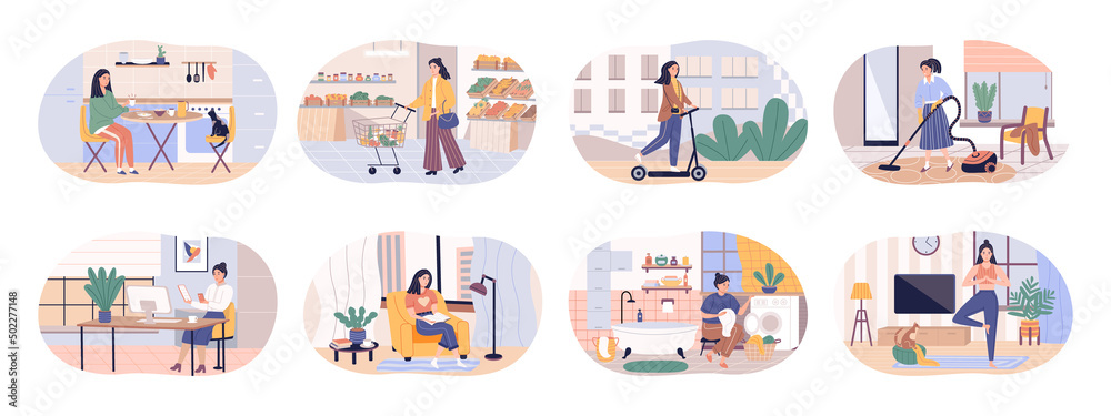 Women activity and leisure illustration. Daily routines and ever