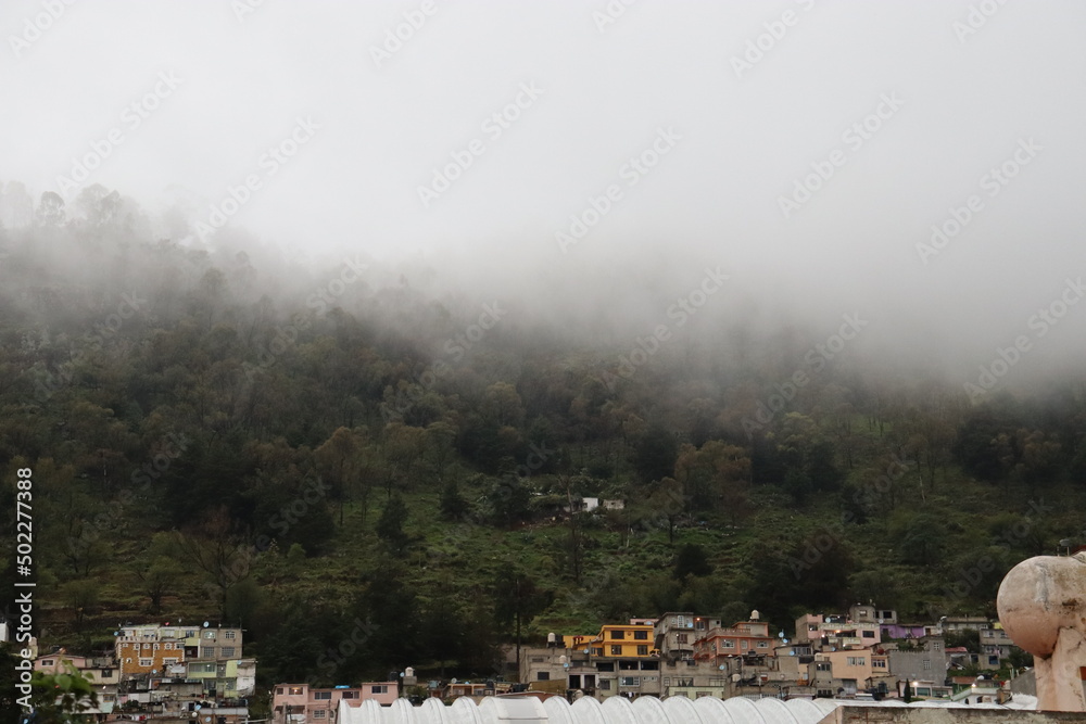 Mountain in the morning, forest with thick fog, trees, grass and rocks on a hill surrounded by houses and dwellings in nature Mountain in the morning, forest with thick fog, trees, grass and rocks on a hill surrounded by houses and dwellings in nature