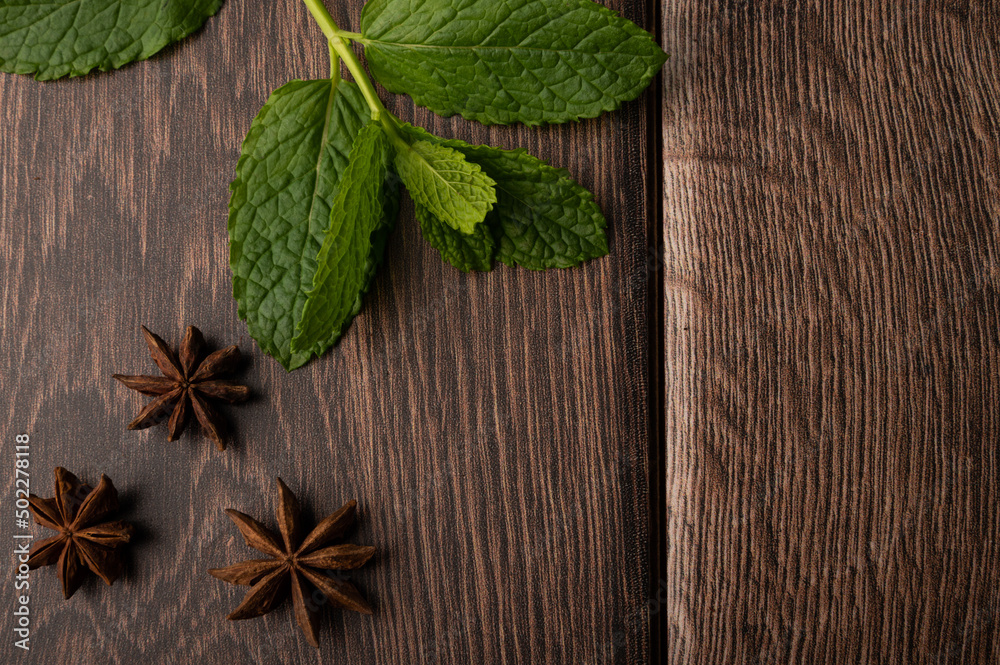 Mint and star anise on a dark  wood background