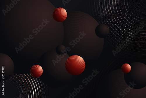 Elegant illustration of motion with black and red balls elements. Circle volume decorative background