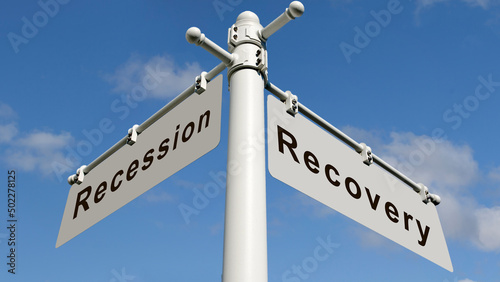Words recovery and recession on a road sign photo