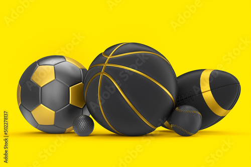 Set of black ball like basketball, american football and golf isolated on blue