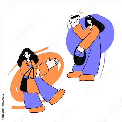 Vector illustration on the theme of shopping. Girl with purchases and with a credit card. Woman in the store.
