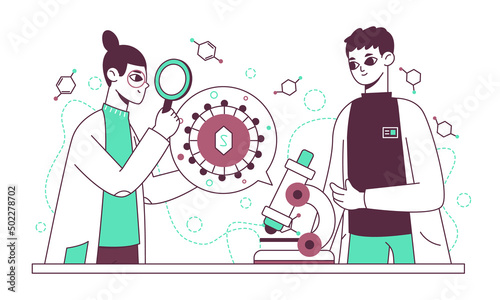 Chemical laboratory, scientific medical experiment, scientists, lab workers characters. Scientists biotechnology researching experiment vector symbols illustration set. Scientific lab concept