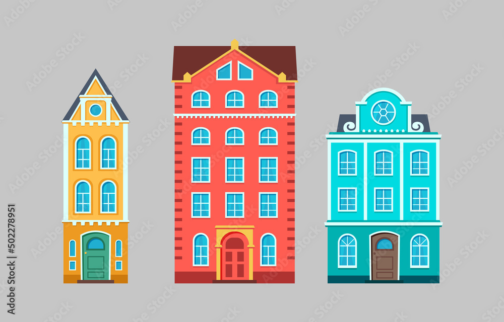 Set of vector houses in flat style. Colored multi-storey buildings ...