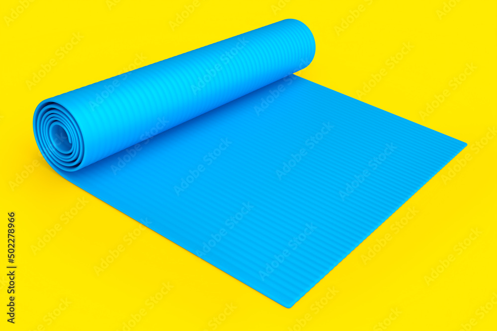 Blue yoga mat or lightweight foam camping bed roll pad isolated on yellow. Blue yoga mat or lightweight foam camping bed roll pad isolated on yellow.