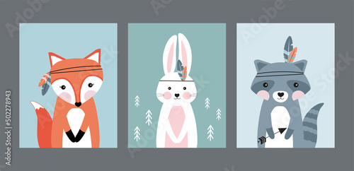 Set of posters with animals - fox, bunny, raccoon. Posters for children, friends are looking for adventure. Pets with feathers on their heads. Raccoon holding an arrow