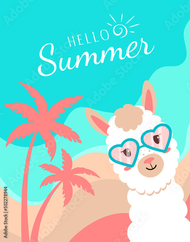 Vector poster with alpaca and palm trees. Sea, sun and sand. Lama with glasses, on the beach, seascape. Flyer hello summer. Flat style illustration.