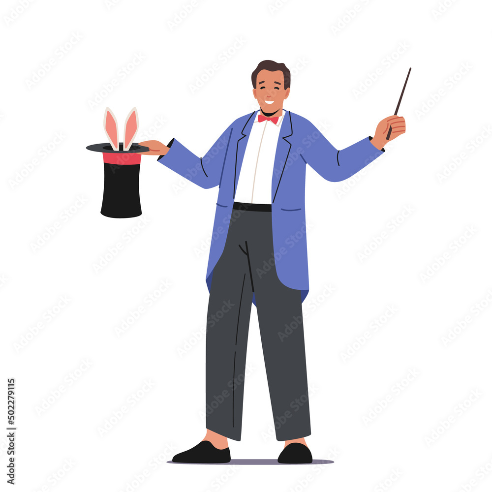 Circus Magician Performing Tricks With Magical Wand and Rabbit in Hat. Isolated Big Top Illusionist Perform Magic Show Circus Magician Performing Tricks With Magical Wand and Rabbit in Hat. Isolated Big Top Illusionist Perform Magic Show