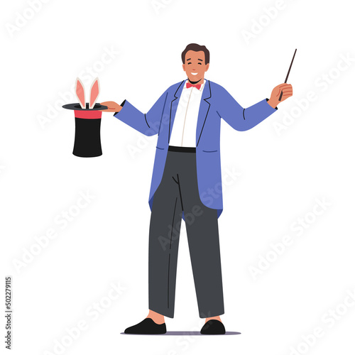 Circus Magician Performing Tricks With Magical Wand and Rabbit in Hat. Isolated Big Top Illusionist Perform Magic Show