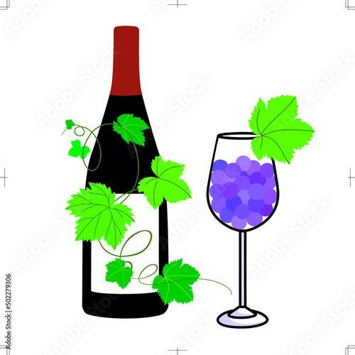 A wine bottle and a wineglass and grape