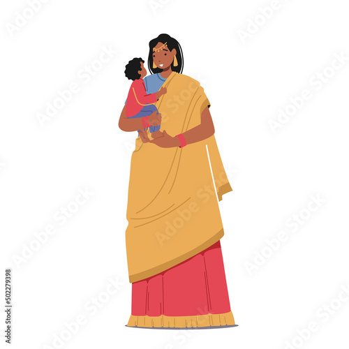 Indian Woman Wear Red Sari and Yellow Scarf Holding Baby on Hands, Mother Female Character in Traditional Clothes
