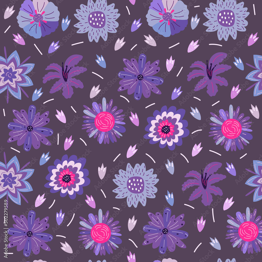 Cute trendy seamless floral pattern of trendy purple color in different shades. Vector illustration. Cute trendy seamless floral pattern of trendy purple color in different shades. Vector illustration.