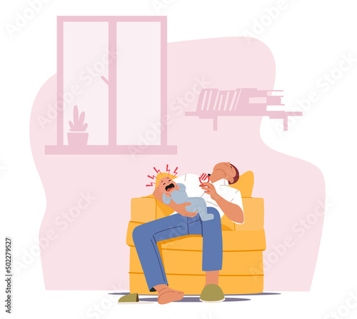 Tired Parent with Crying Child at Home, Fatigue Father Character Sleep on Armchair and Baby Yelling, Dad on Maternity