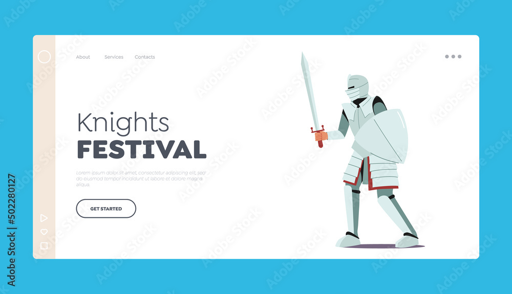 Knights Festival Landing Page Template. Medieval Character Wear Armor Holding Sword. Ancient Soldier Fight on War