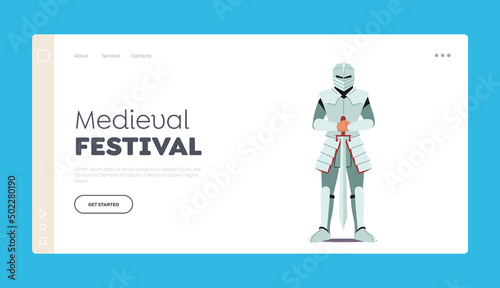 Medieval Festival Landing Page Template. Knight Wear Armor and Helmet Holding Sword in Hand. Royal Defender, Crusader