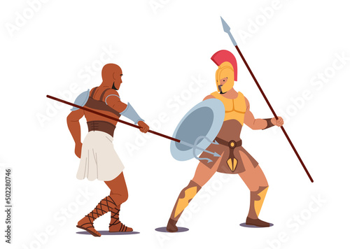 Gladiator Character Fighting with Barbarian on Coliseum Arena, Ancient Roman Armored Spartan Warrior and Moor Fight