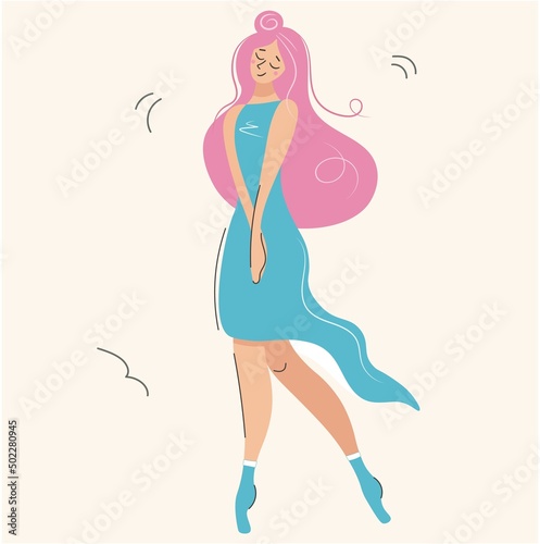 Cute pensive girl with pink hair. Beautiful modest woman showing gestures vector illustration. Modern fashion character in flat style.