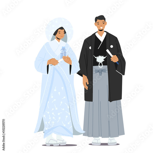 Asian Marriage Ceremony. Traditional Japanese Wedding, Newlywed Male Female Couple Wear National Costumes