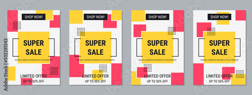 Super sale banner, business flyer, discount coupon, booklet vector design templates collection. A4 format