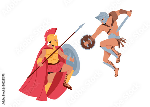Legionary Soldiers, Roman Warriors, Gladiators Wear Helmet Holding Shield Fight on Coliseum Arena. Ancient History