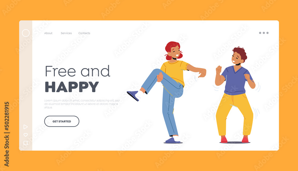 Happy Girl and Boy Dance Landing Page Template. Little Children Playing, Kids Laugh and Moving Body. Characters Activity