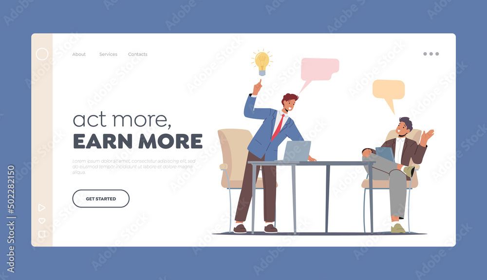 Business People Brainstorm Cooperation Landing Page Template. Businessmen Colleagues Characters with Laptop Sit at Desk